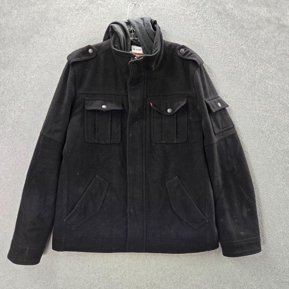 Levi's Men Jacket L Black Military Quilted Lined Hooded Wool Blend Full Zip READ